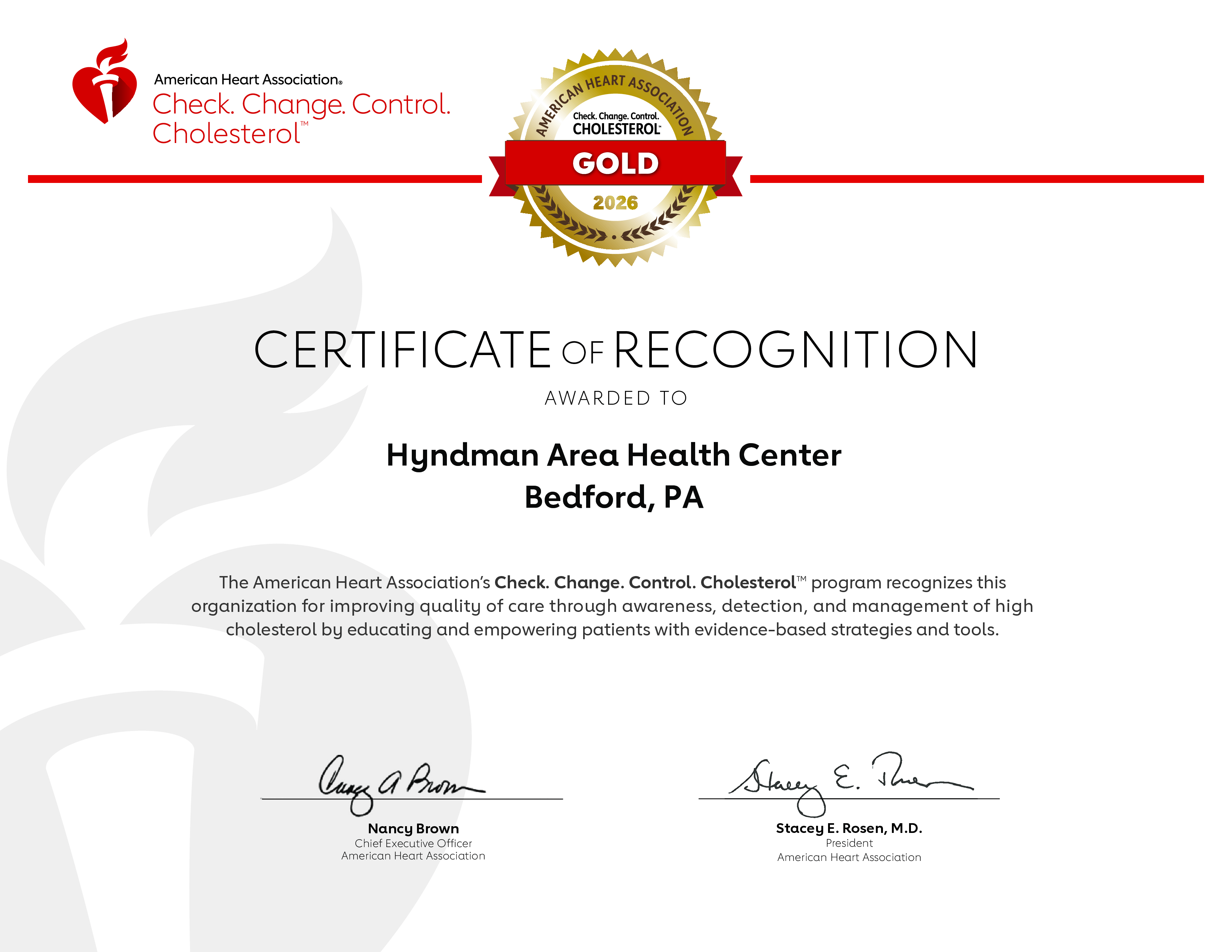 2026 American Heart Association Check. Change. Control. Cholesterol Gold Certificate of Recognition awarded to Hyndman Area Health Center, Bedford, PA